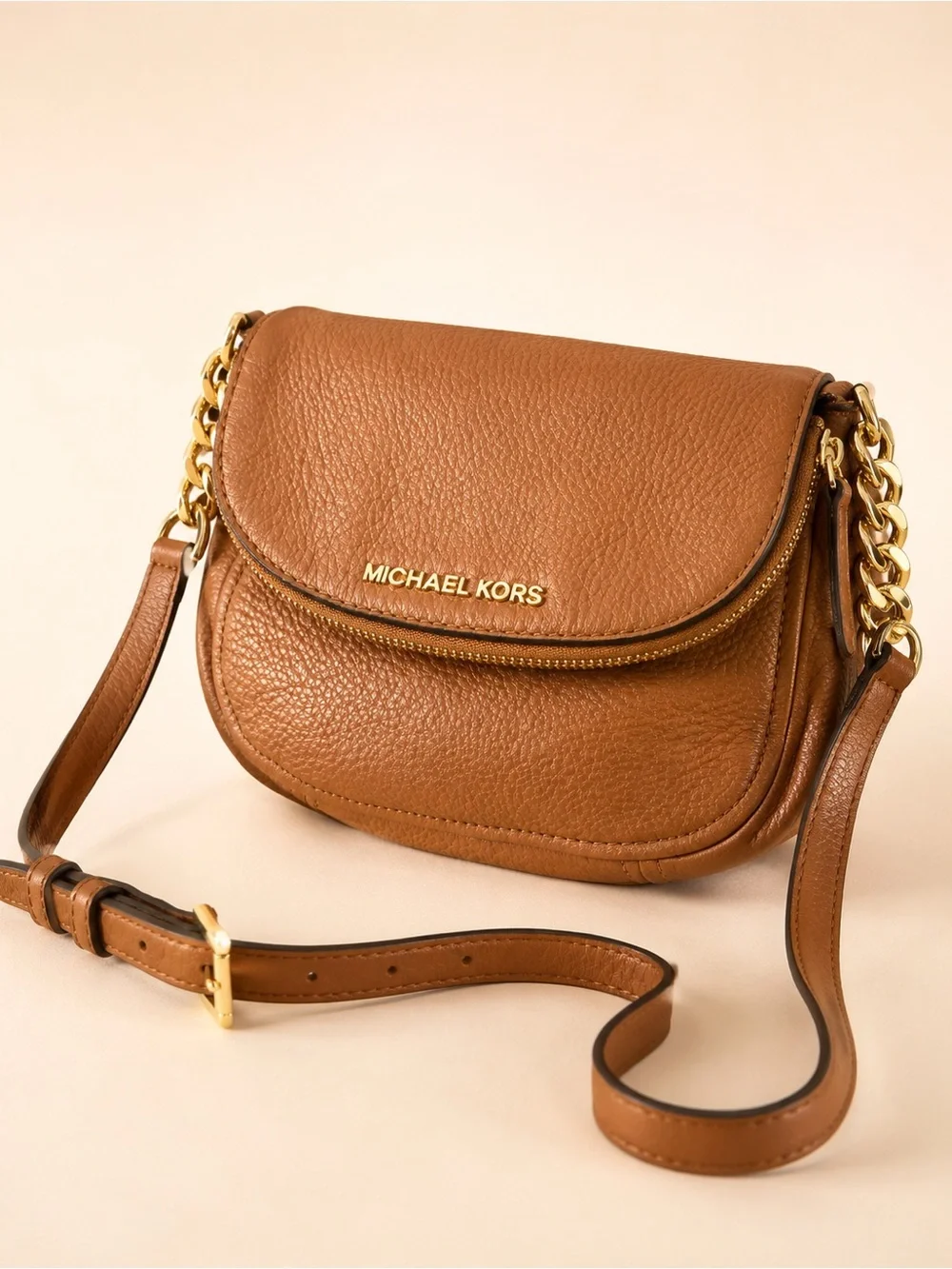 Michael Kors Cognac Pebbled Leather Crossbody Bag Gold Chain Luxe Organizer - Picture 1 of 15